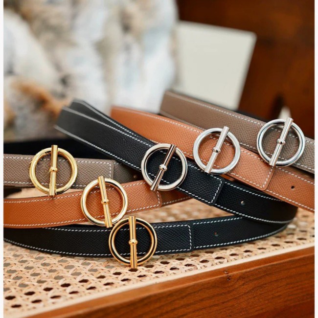 Full Steel Circle Buckle Epsom Leather Belt