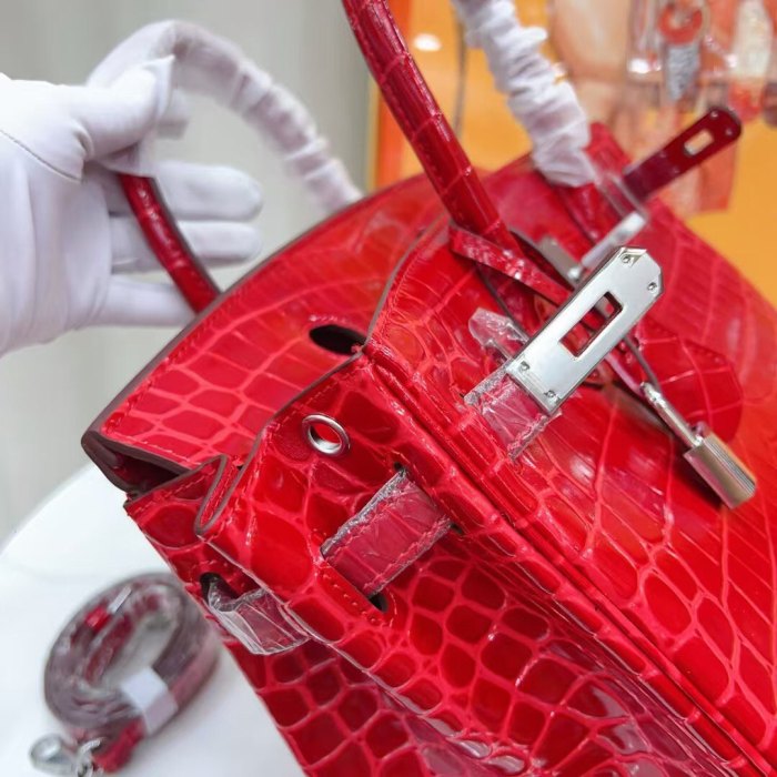 Women‘s Croc Embossed Leather Handbag with Silver Hardware