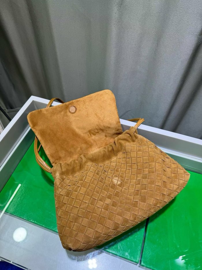 Suede Leather Flap-Drawstring Shopper Tote 