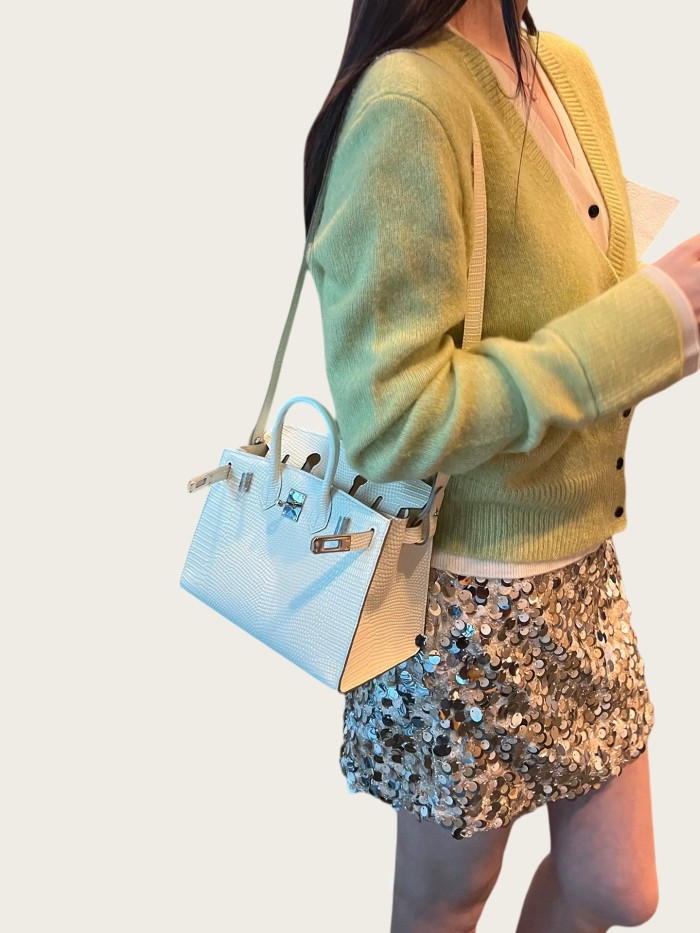 Embossed Lizard Grain Leather Handbag