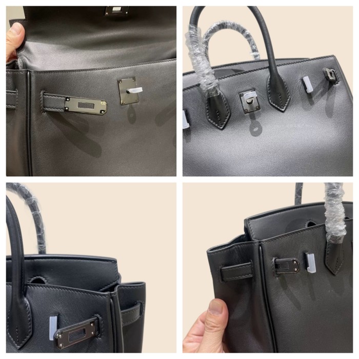 Imported Swift Leather Top Handle Bag with Black Steel Hardware