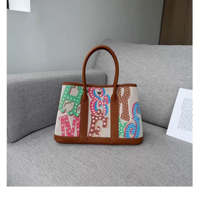 Graffiti Canvas & Leather Garden Party Style Tote Bag 