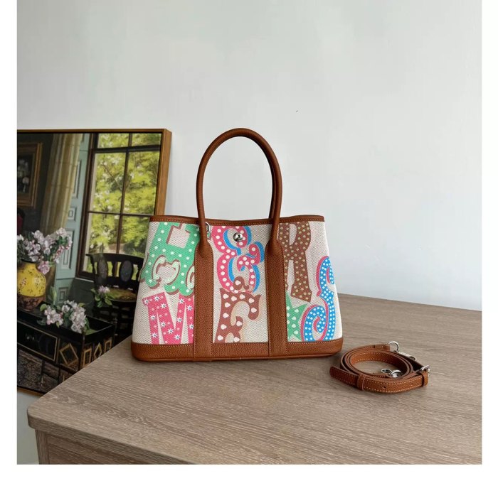 Graffiti Canvas & Leather Garden Party Style Tote Bag 