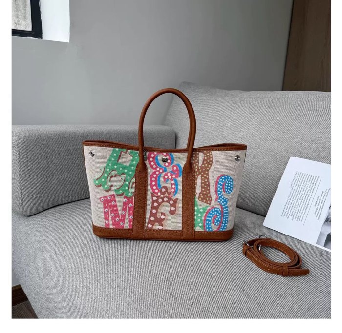 Graffiti Canvas & Leather Garden Party Style Tote Bag 