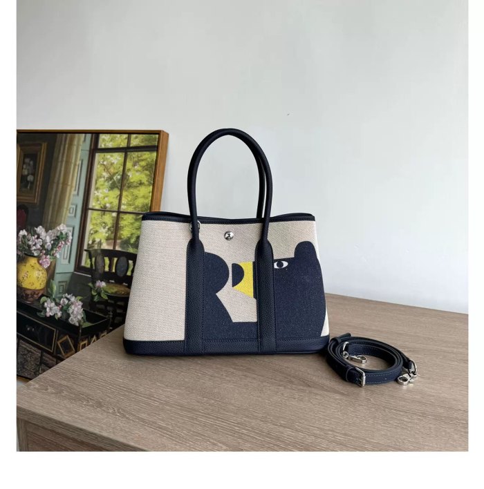 Graffiti Canvas & Leather Garden Party Style Tote Bag 