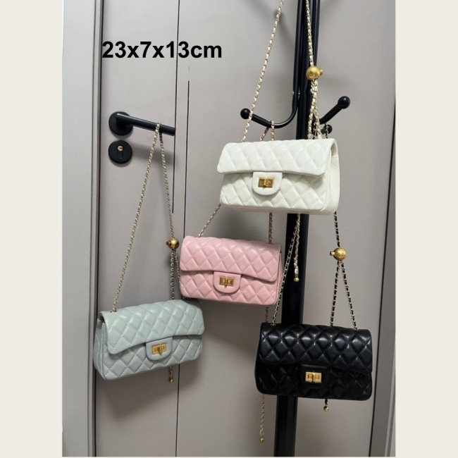 Classic Flap Style Quilted Sheepskin Gold Ball Chain Crossbody Bag