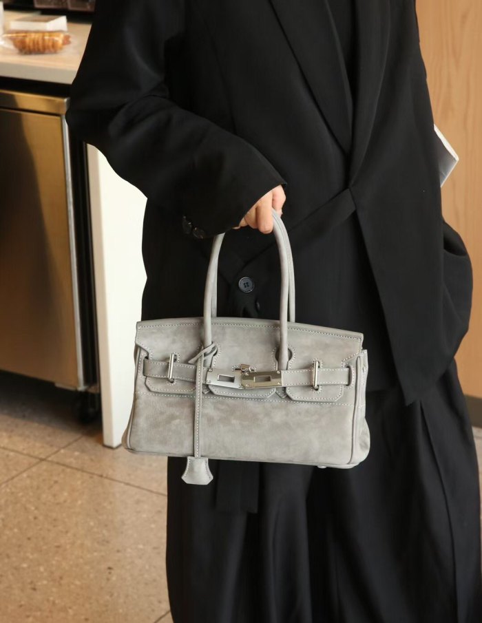 Platinum Suede Top-Handle Bag | Silver Hardware