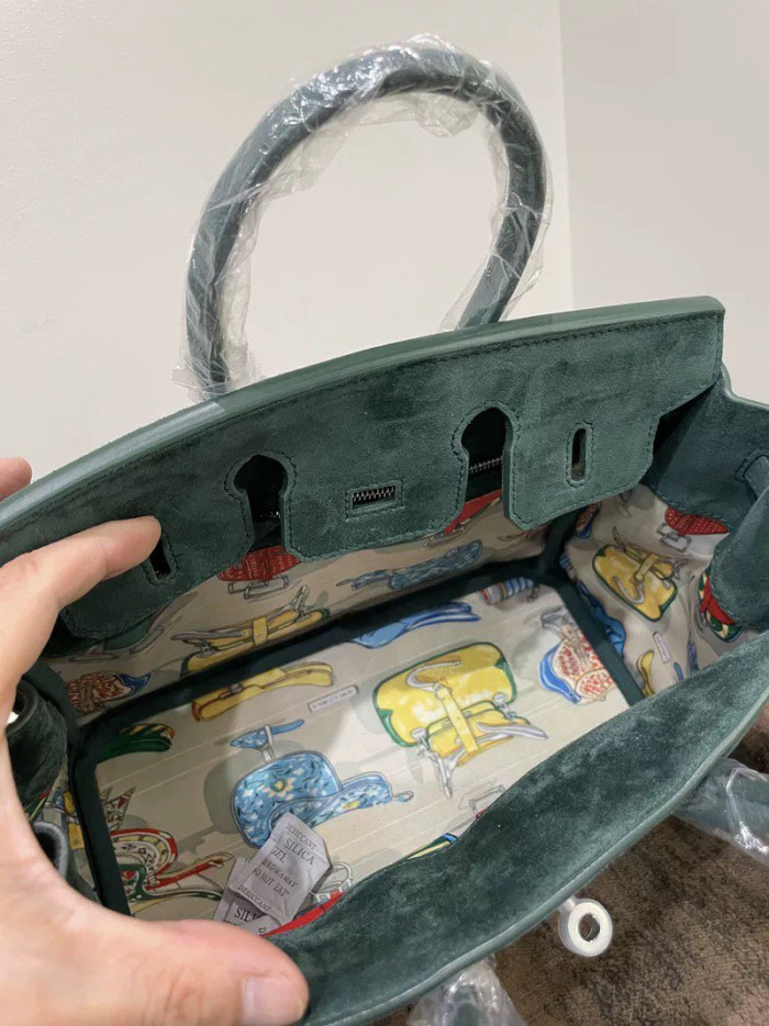 Christmas Green Suede Top-Handle Tote Silk Lining 25cm & 30cm