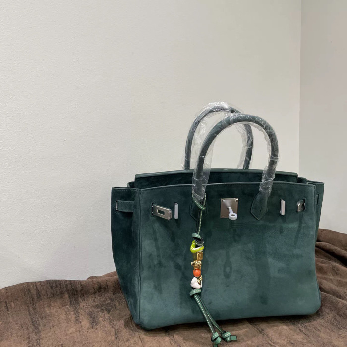 Christmas Green Suede Top-Handle Tote Silk Lining 25cm & 30cm
