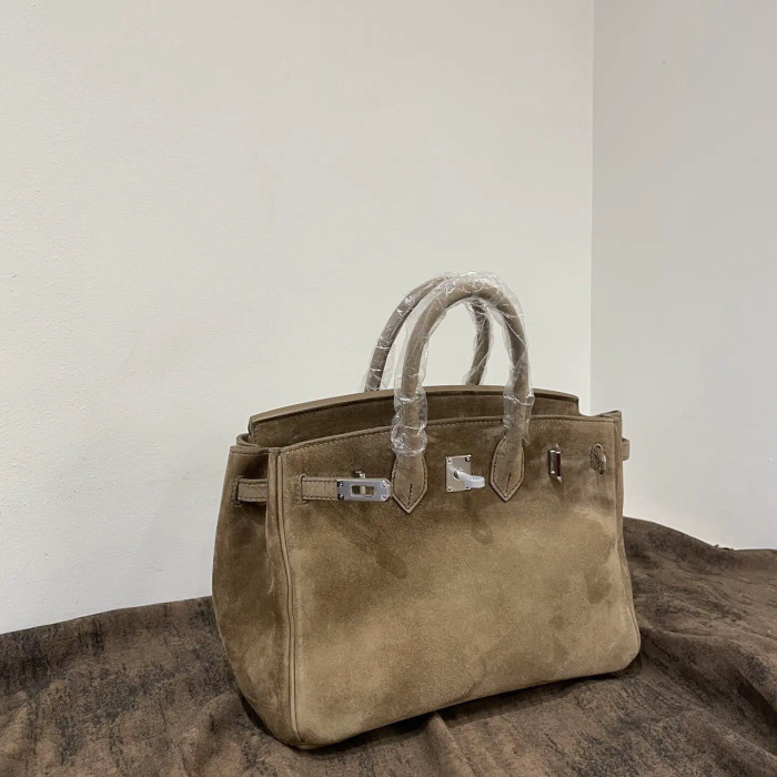 Chestnut Brown Suede Top-Handle Tote Silk Lining  25cm & 30cm