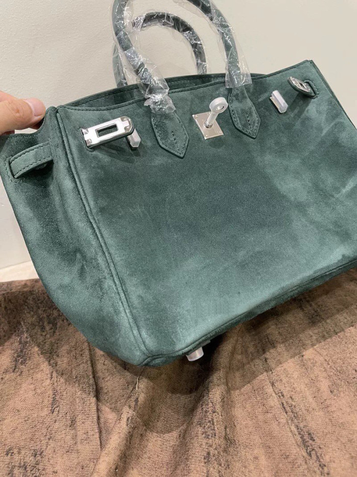Christmas Green Suede Top-Handle Tote Silk Lining 25cm & 30cm