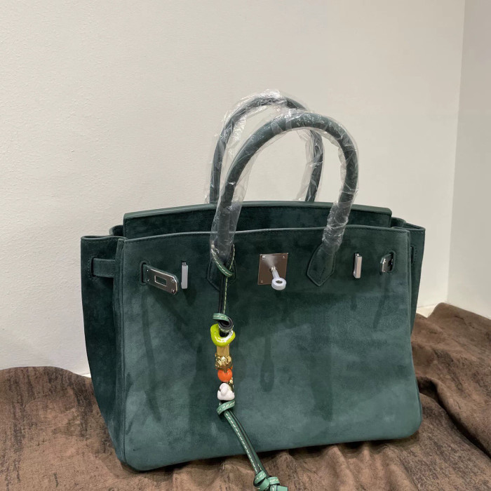 Christmas Green Suede Top-Handle Tote Silk Lining 25cm & 30cm