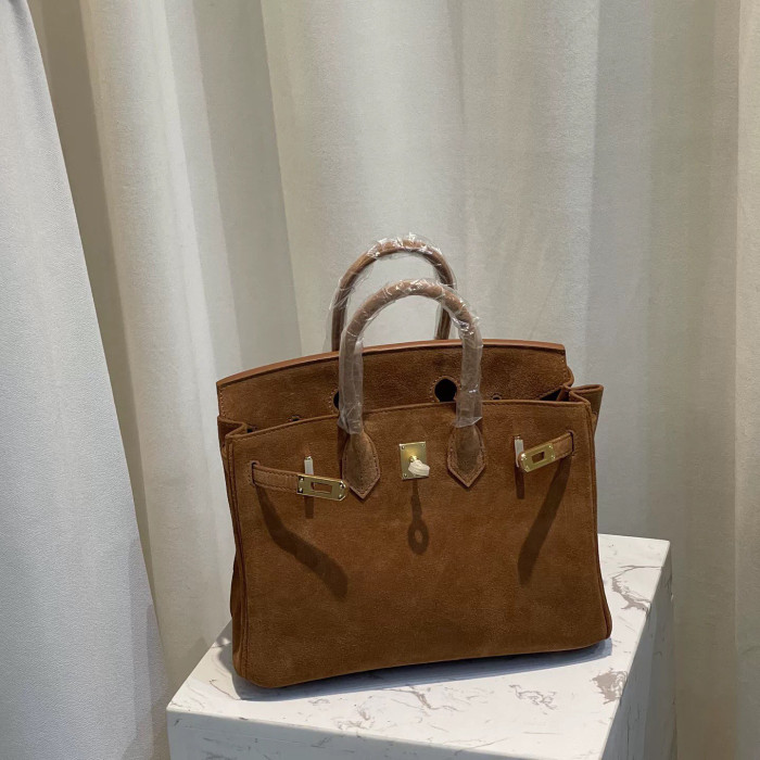 GoldBrown  Suede Top-Handle Tote Silk Lining  25cm & 30cm