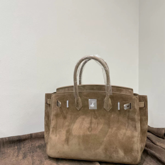 Chestnut Brown Suede Top-Handle Tote Silk Lining  25cm & 30cm