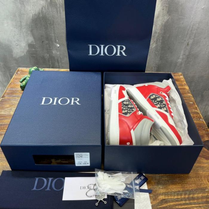 Dior B27 High Red Gray and White Smooth Calfskin with Beige and Black Dior Oblique Jacquard