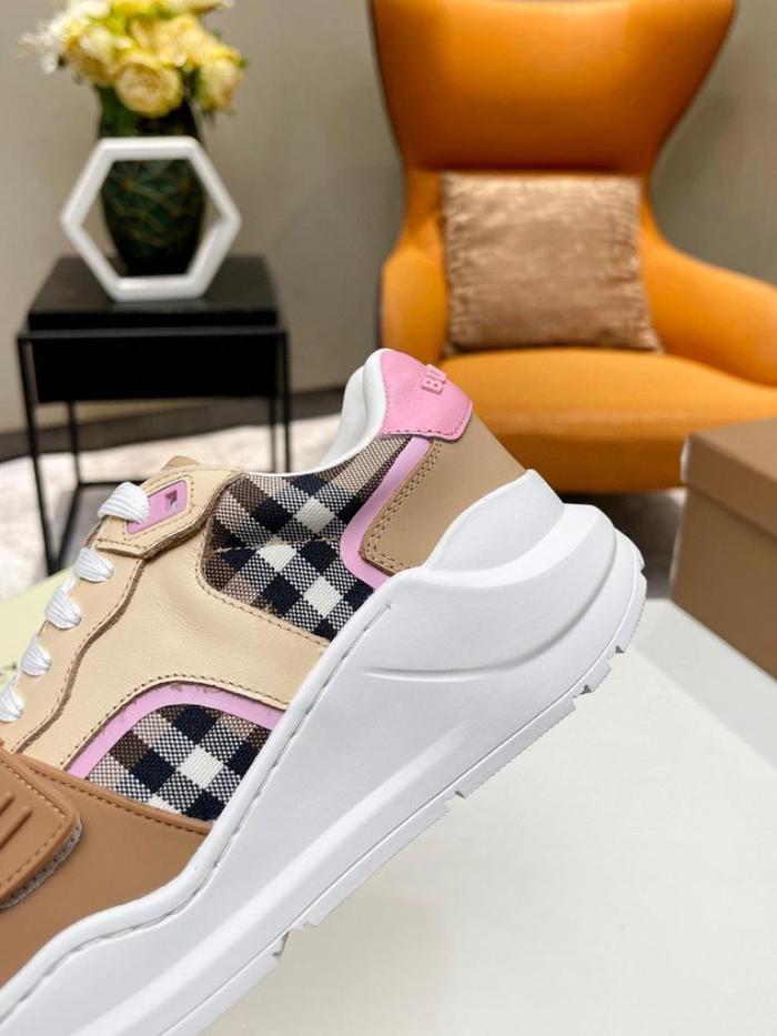 Burberry Check Cotton and Leather Sneakers Birch Brown/Pink