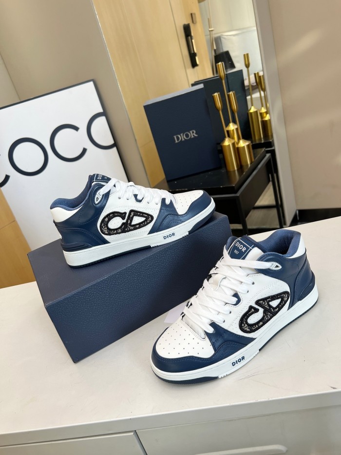 dior B57 MID-TOP SNEAKER Navy Blue and White Smooth Calfskin with Beige and Black Dior Oblique Jacquard