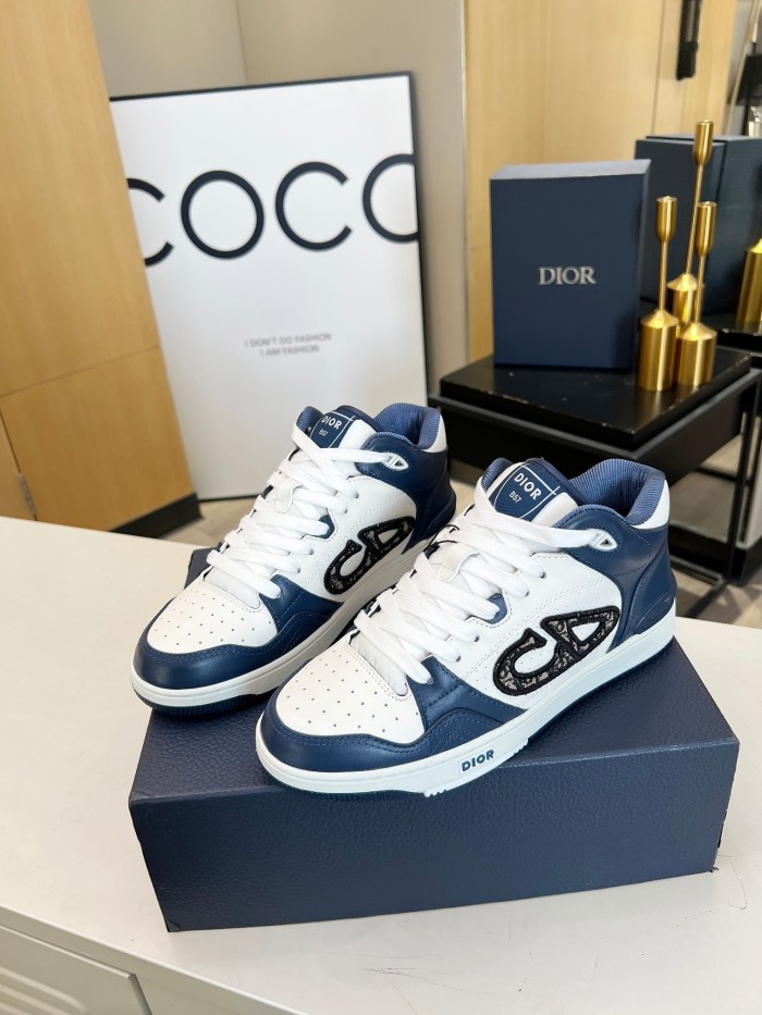 dior B57 MID-TOP SNEAKER Navy Blue and White Smooth Calfskin with Beige and Black Dior Oblique Jacquard