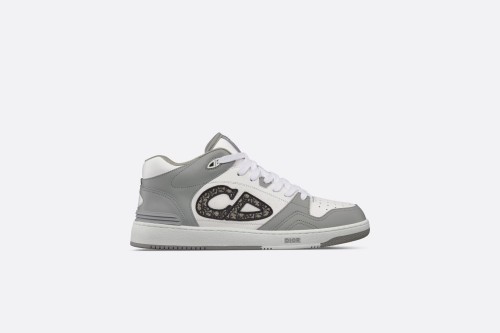 DIOR B57 MID-TOP SNEAKER Gray and White Smooth Calfskin with Beige and Black Dior Oblique Jacquard