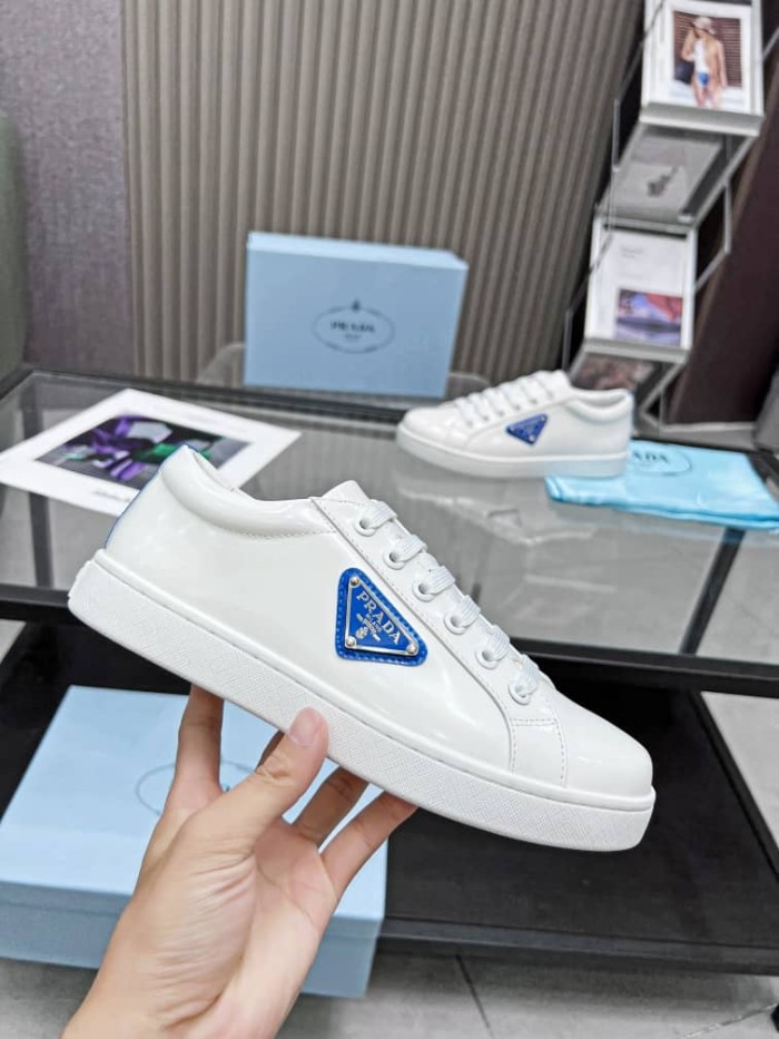 Prada Brushed Sneakers Leather White White Cobalt Blue