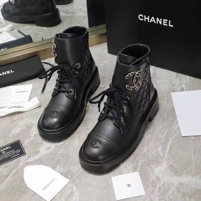 Chanel Quilted Combat Boot Black Leather