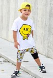 Boy Summer Fashion Face Print White Round Neck Short Sleeve T-Shirt And Print Pant Two Piece Set