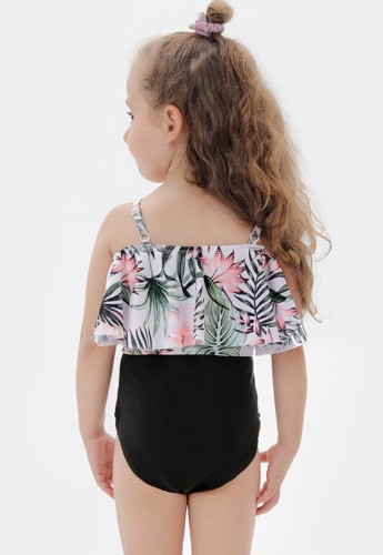 Girl Summer Fashion Floral Print Straps Contrast Black Bodysuit Swimwear
