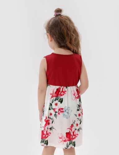 Summer Girl Red Sleeveless Round Neck Contrast Flower Print Dress
