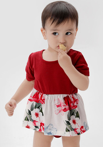 Summer Baby Girl Red Short Sleeve Round Neck Contrast Flower Print Dress