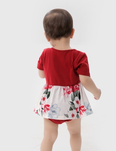 Summer Baby Girl Red Short Sleeve Round Neck Contrast Flower Print Dress