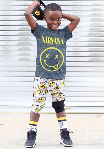 Boy Summer Fashion Face Print Grey Round Neck Short Sleeve T-Shirt And Print Pant Two Piece Set