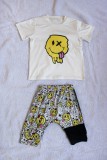 Boy Summer Fashion Face Print White Round Neck Short Sleeve T-Shirt And Print Pant Two Piece Set