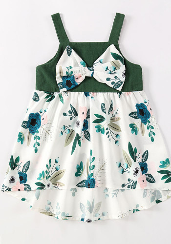 Summer Baby Girl Green Sleeveless Round Neck Contrast Flower Print With Bow Dress