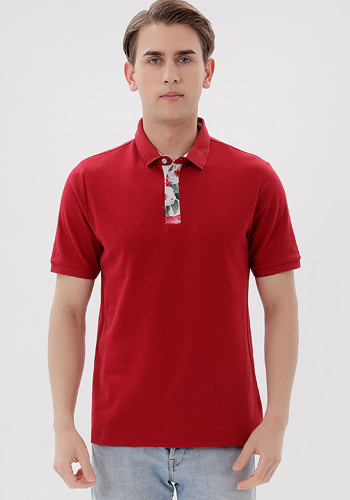 Summer Men Red Short Sleeve Turndown Print Collar Polo T-Shirt