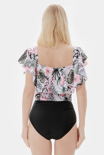 Women Summer Fashion Floral Print Straps Contrast Black Bodysuit Swimwear
