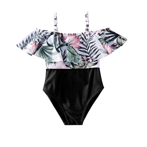 Baby Summer Fashion Floral Print Straps Contrast Black Romper Swimwear
