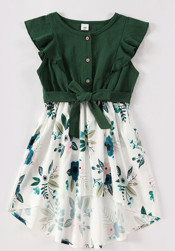 Summer Girl Green Sleeveless Round Neck Contrast Flower Print With Belt Dress