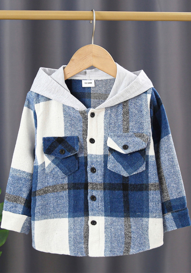 Kids Boy Spring Blue Plaid Print Hoody Jacket