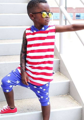 Kids Boy Summer Flag Printed Tank Shirt and Shorts Two Piece Set