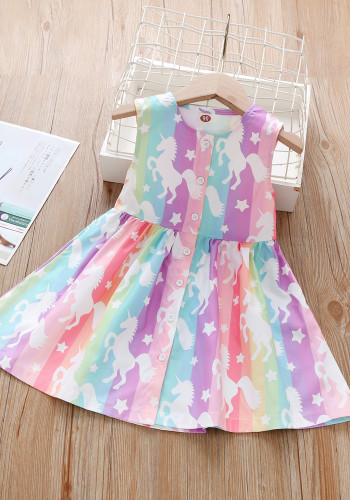 Kids Girl Summer Rainbow Print Sleeveless Princess Dress