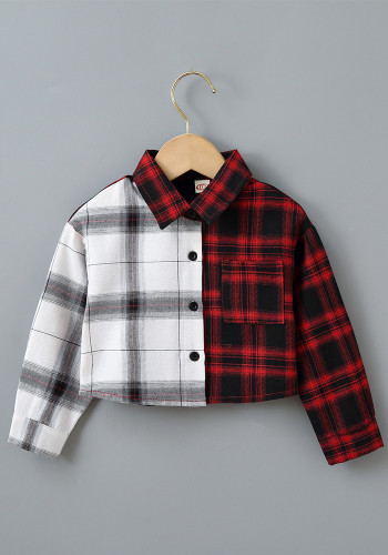 Kids Girl Spring White and Red Plaid Patchwork Turndown Collar Long Sleeve Blouse
