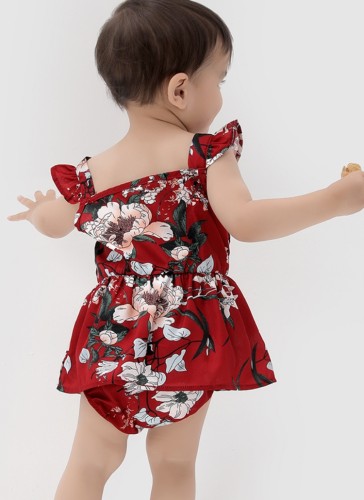 Summer Baby Girl Family Matching Red Floral Flying Sleeve Holiday Dress