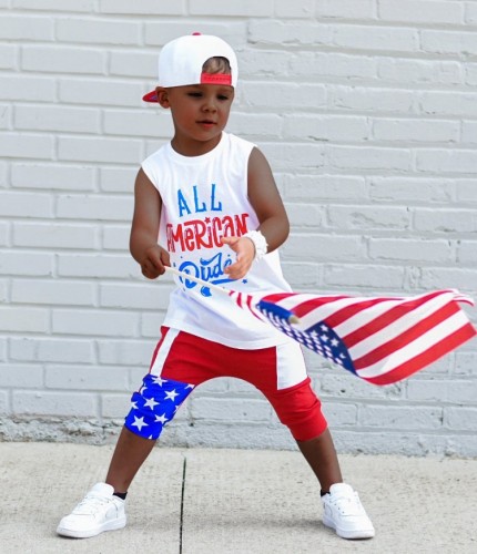Kids Boy Summer US Flag Print Sleeveless Casual Sport Two Piece Set