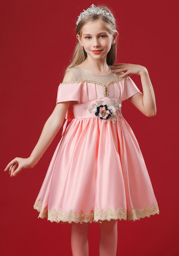 Summer Kids Girl Pink Flower Applique Off Shoulder Princess Ball Gown
