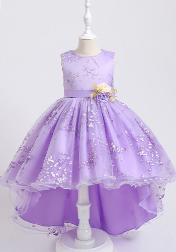 Summer Kids Girl Formal Party Sleeveless Flower Embroidered Purple Princess Ball Gown