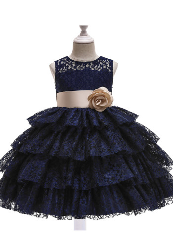 Kids Girl Summer Formal Party Navy Blue Sleeveless Flower Tutu Princess Dress
