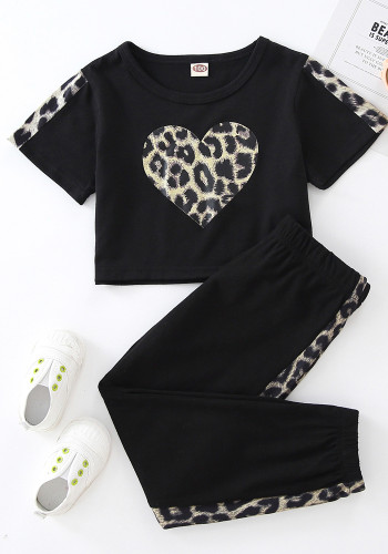 Kids Girl Summer Black Cotton Blend Leopard Printed Short Sleeve T-shirt and Sweatpants Two Piece Set