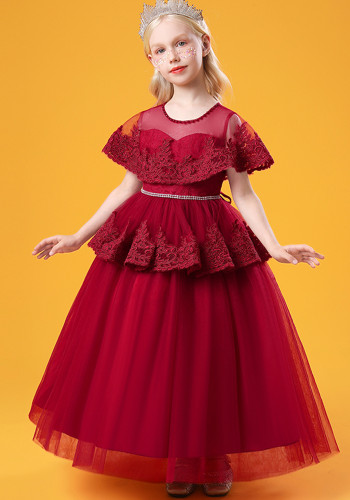 Summer Kids Girl Formal Party Red Cape Sleeve Yarn Princess Dress