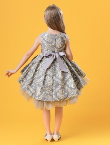 Summer Kids Girl Formal Party Gray Jacquard Sleeveless Layered Yarn Princess Ball Gown