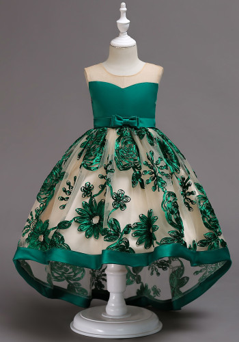 Girl Summer Lovely Green Sleeveless Round Neck Embroidery Wedding Flower Girl Trailing Dress